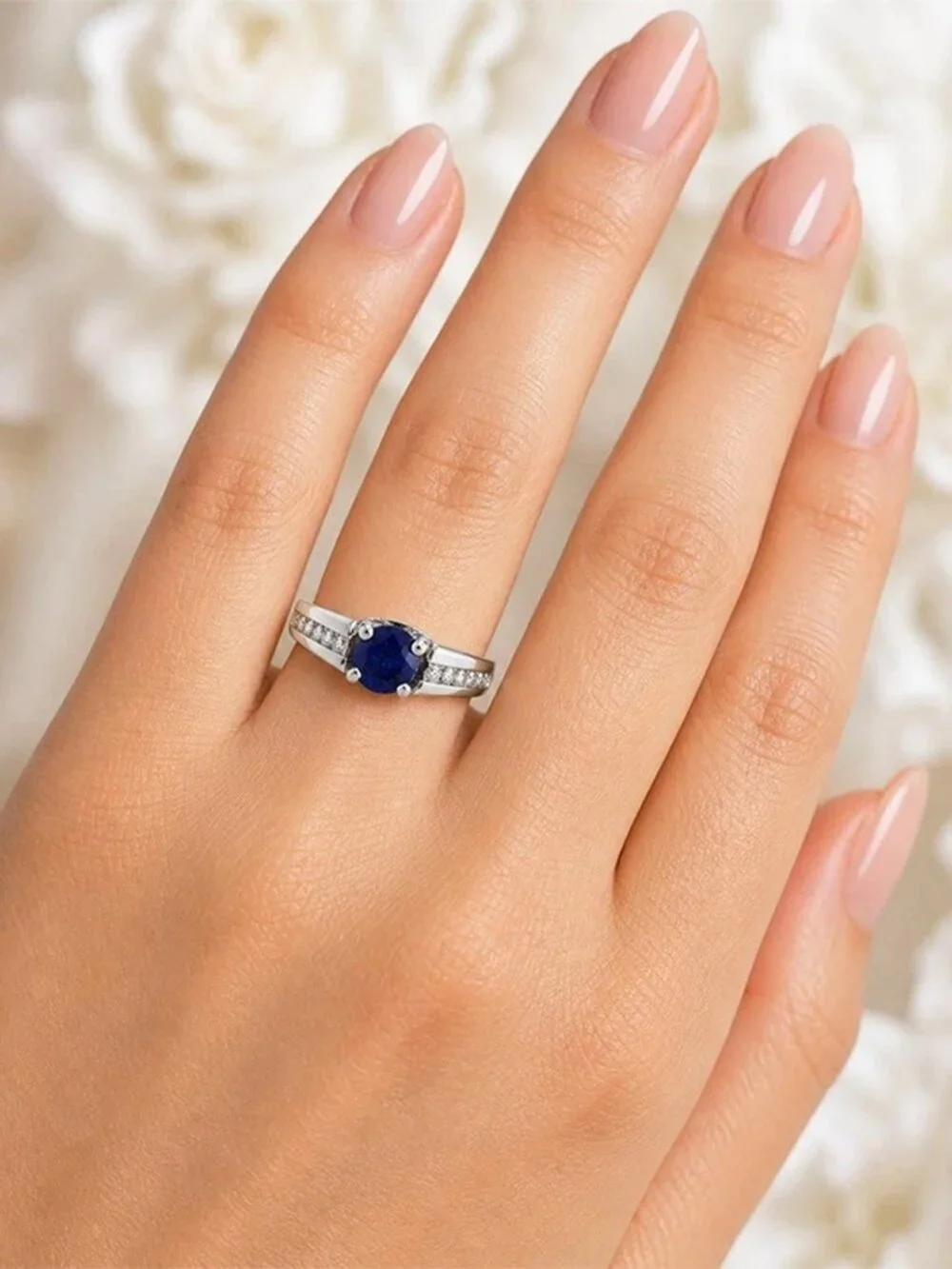 Natural 0.68 Cts Blue Sapphire & Diamonds Ring 14k White Gold